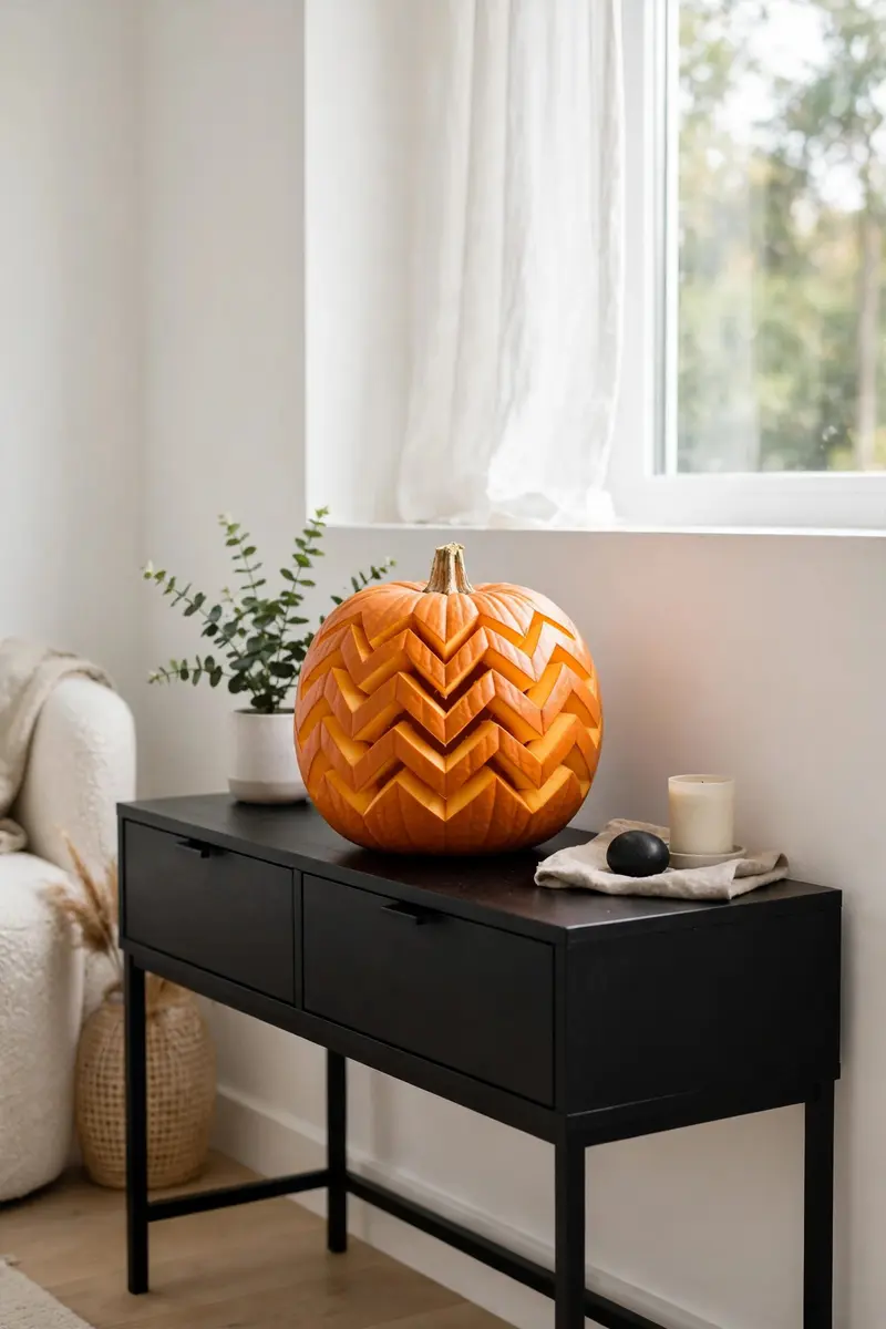 Modern geometric chevron-striped carved pumpkin on a black console