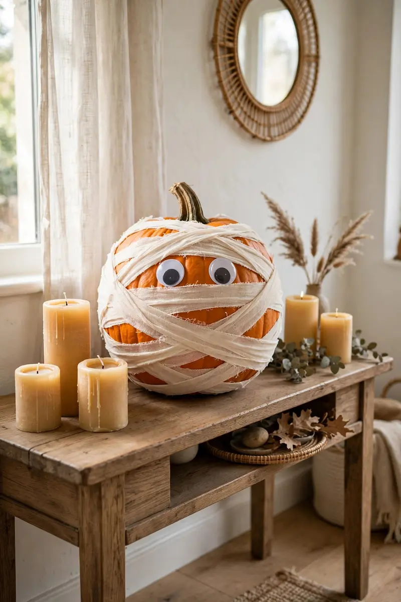 Mummy pumpkin wrapped in white gauze with googly eyes on an entryway console