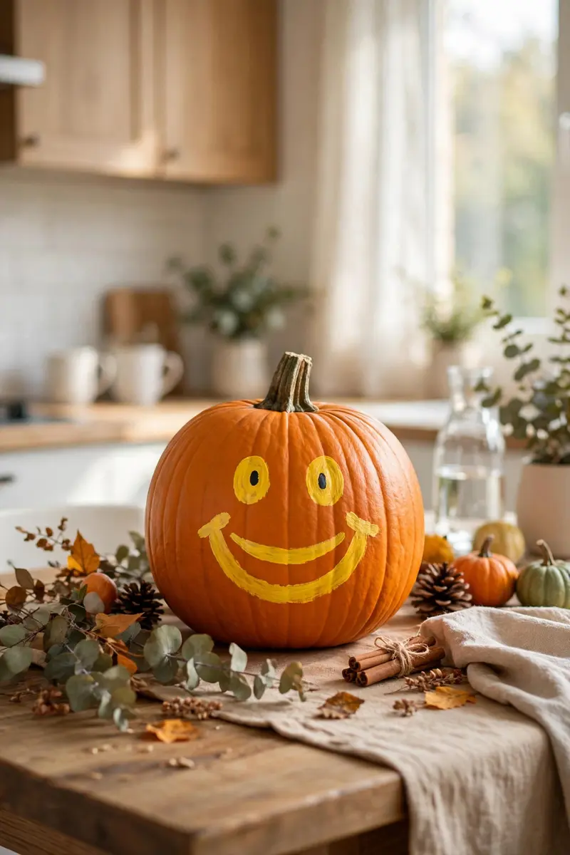 Emoji-face painted pumpkin on a bright kitchen table, autumn centerpiece