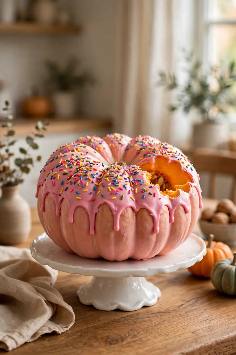 Donut pumpkin with pink frosting and sprinkles on a cake stand