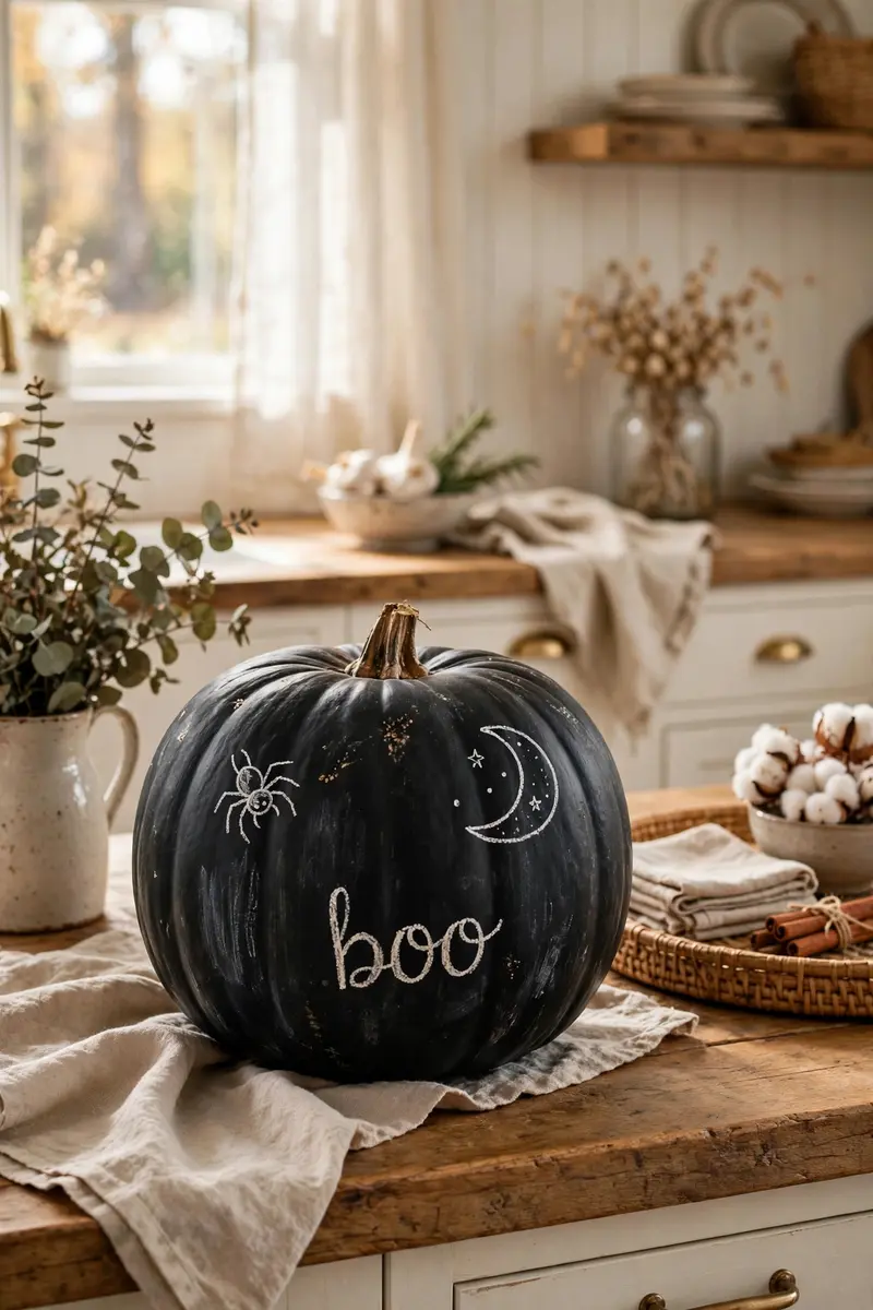 Chalkboard-painted black pumpkin with white chalk doodles of a spider and moon