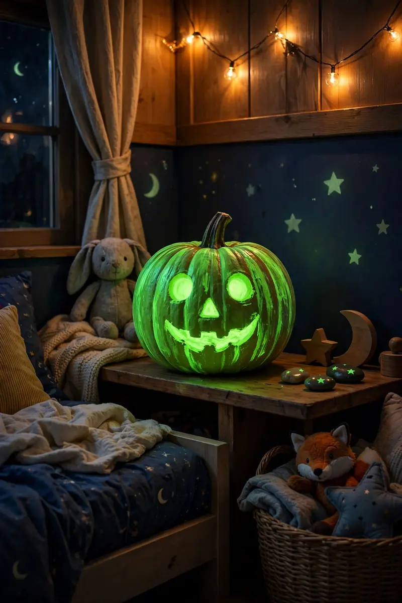 Glow-in-the-dark neon green pumpkin in a dark kids' bedroom corner
