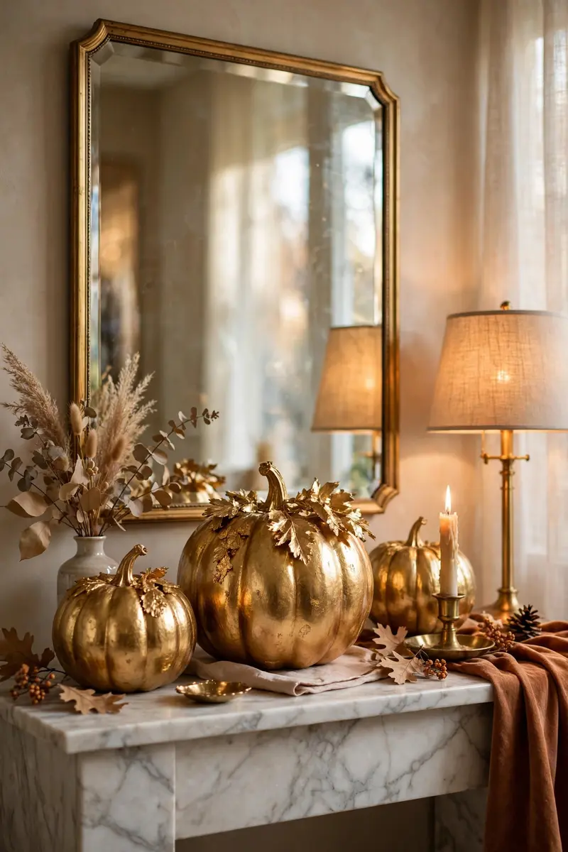Elegant gold-leaf gilded pumpkins on a marble console table