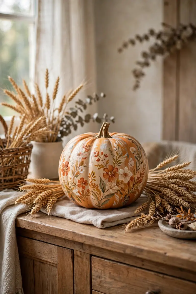 Hand-painted floral pumpkin in burnt orange and cream on a wooden sideboard