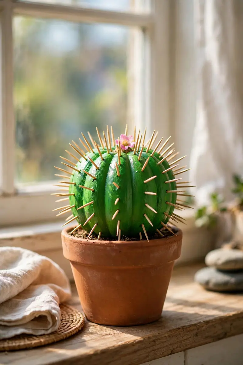 Cactus pumpkin painted green with toothpick spines in a terracotta pot