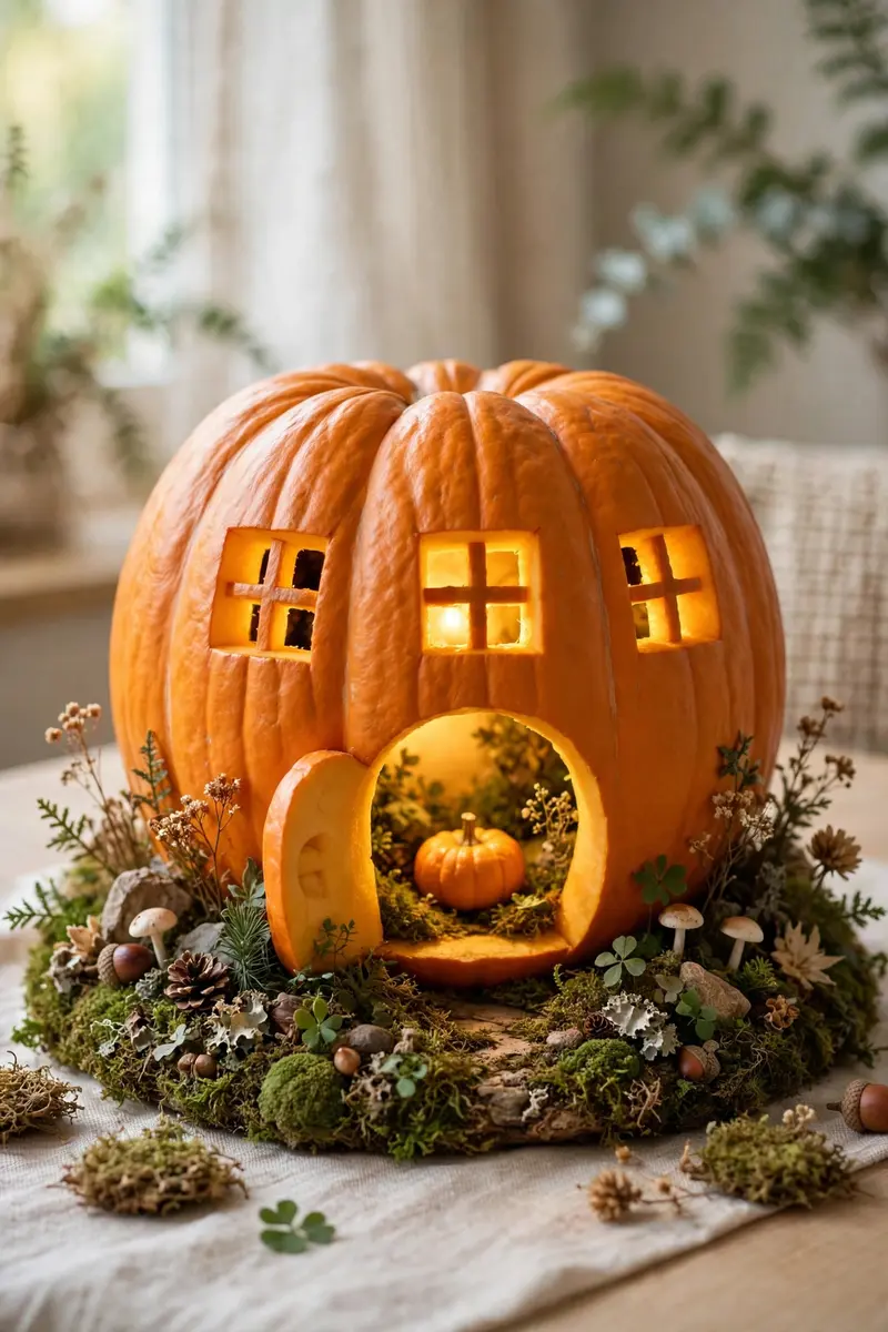 Carved pumpkin house with glowing windows and a mini pumpkin inside