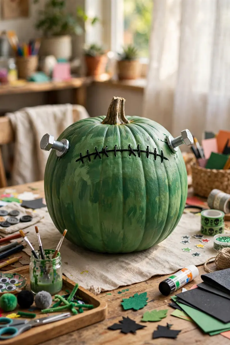 Frankenstein pumpkin painted green with a stitched forehead and neck bolts