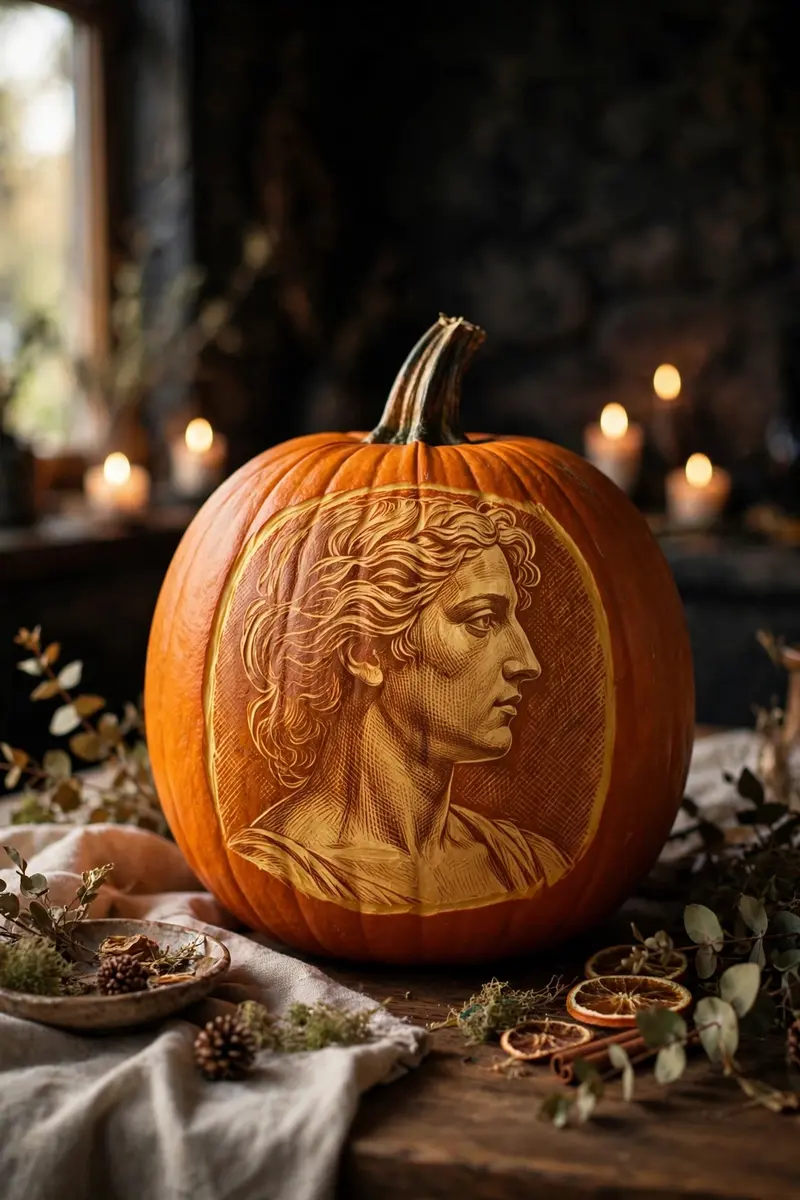 Etched shaded portrait carved pumpkin glowing in candlelight