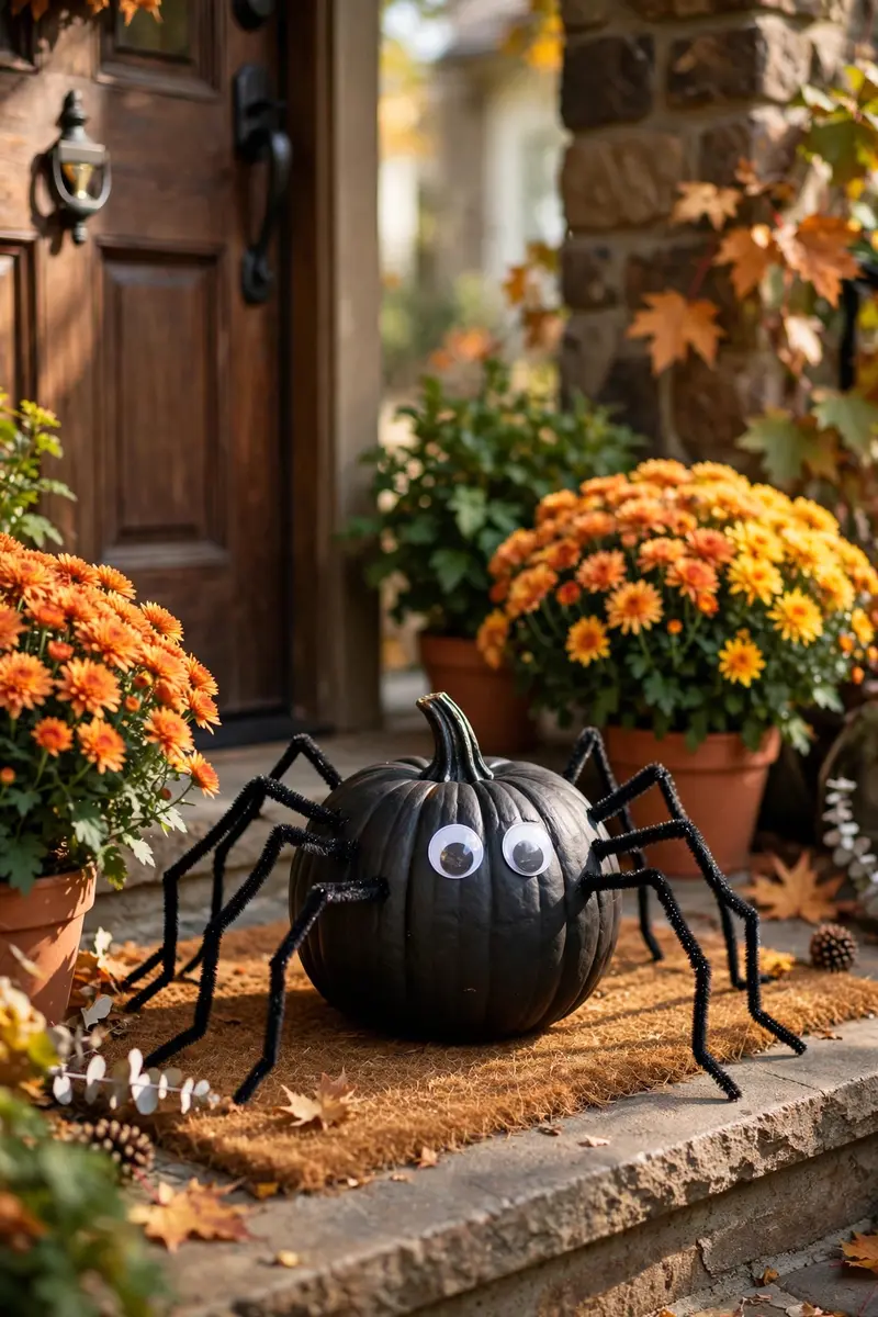 Spider pumpkin with black pipe-cleaner legs on a front doorstep