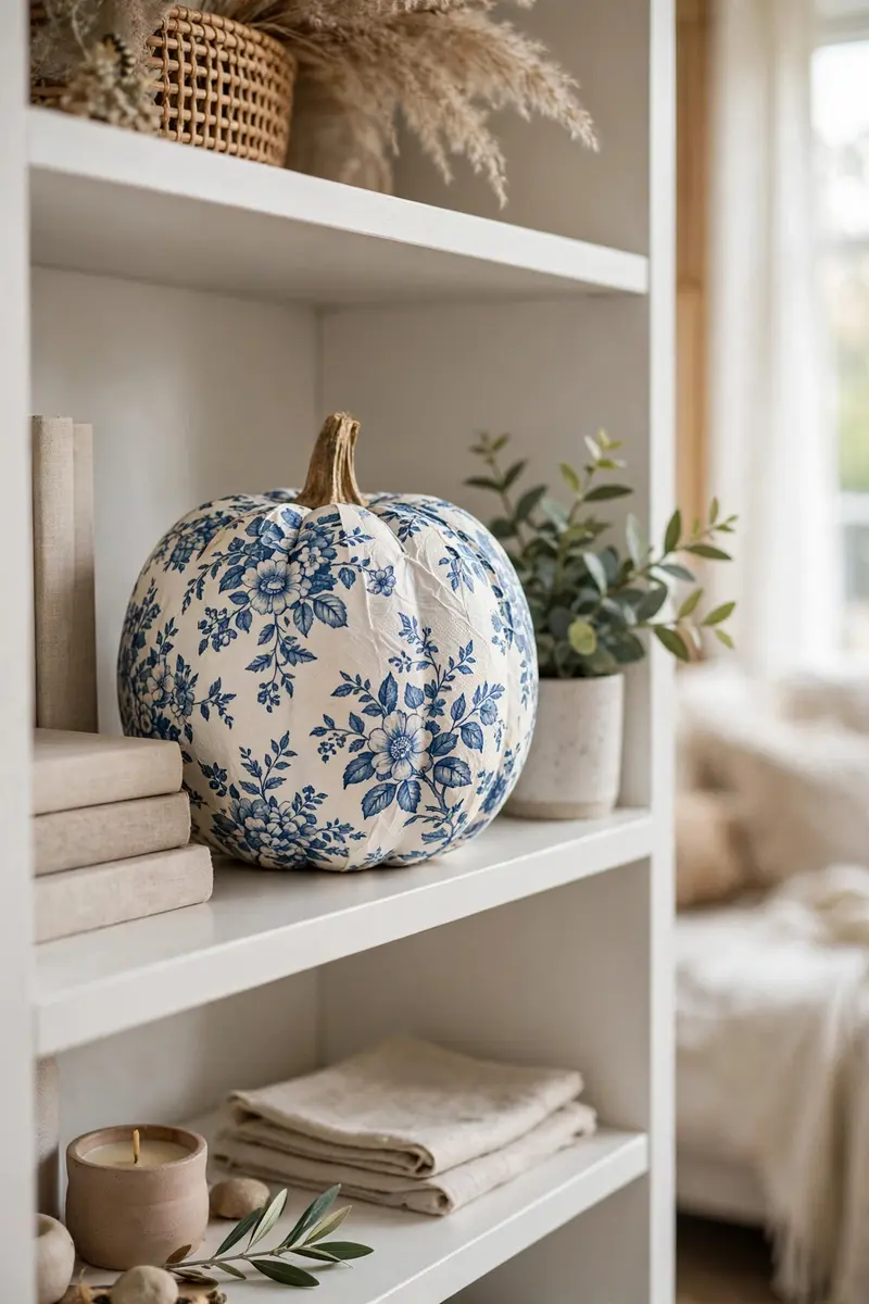 Decoupage blue-and-white floral napkin pumpkin on a white bookshelf