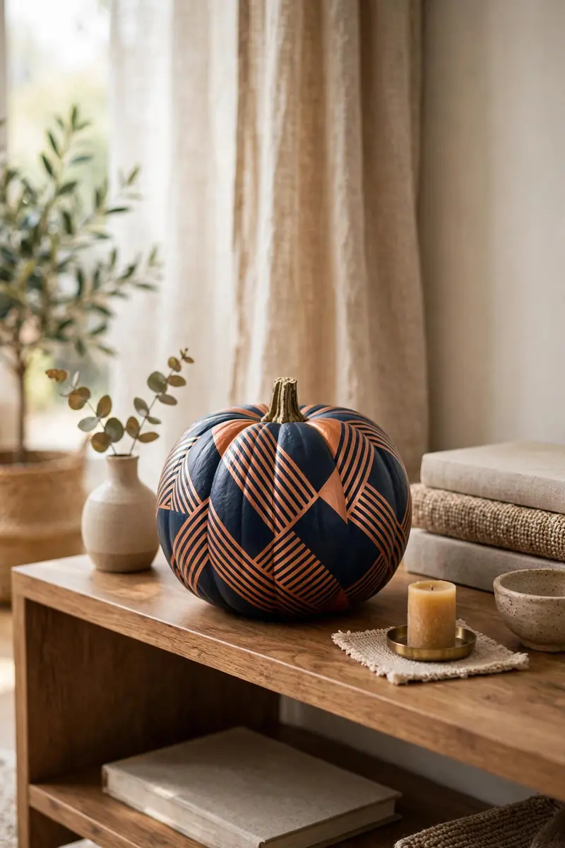 Navy and copper tape-resist geometric painted pumpkin on a modern shelf