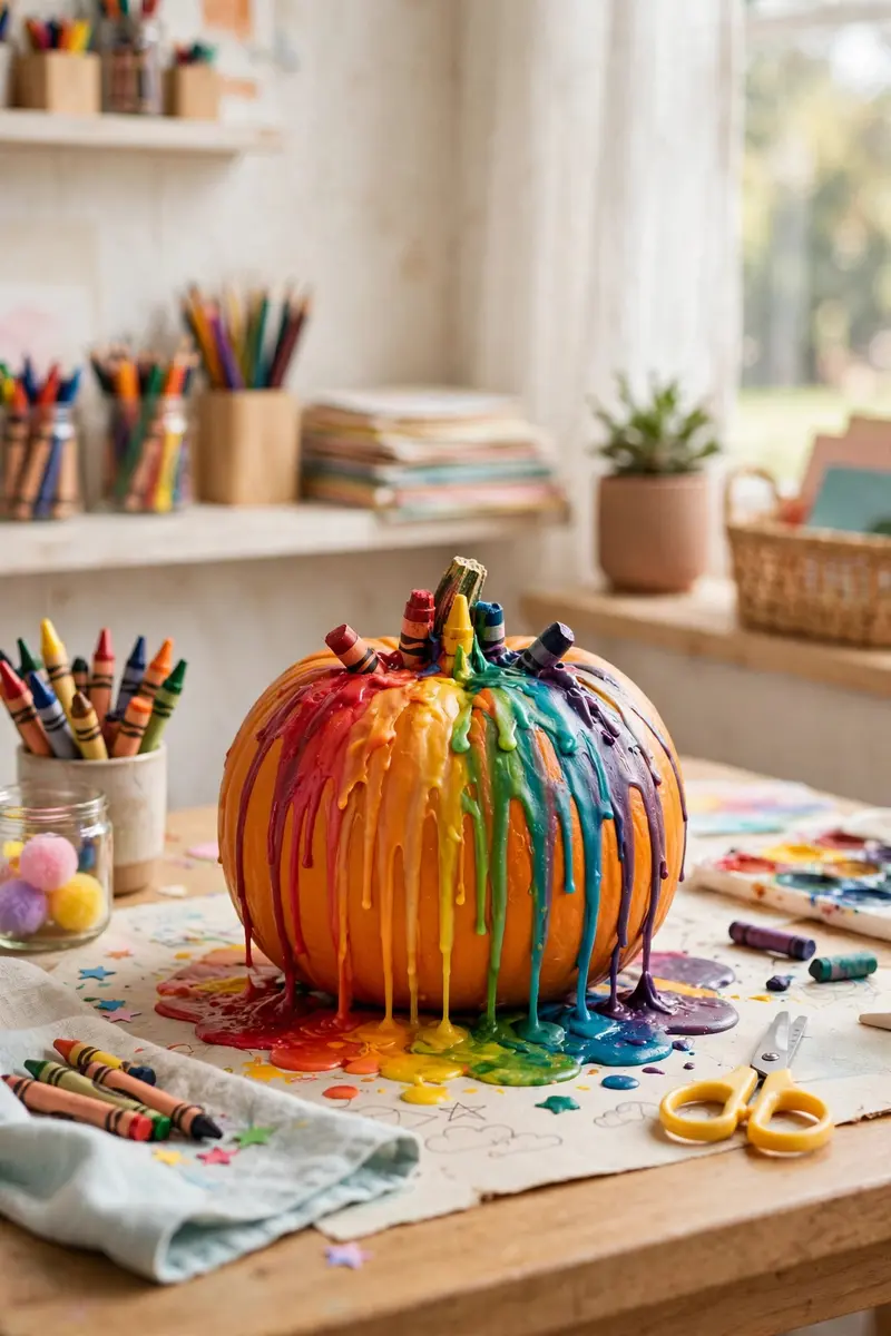 Melted crayon rainbow pumpkin with colorful wax drips