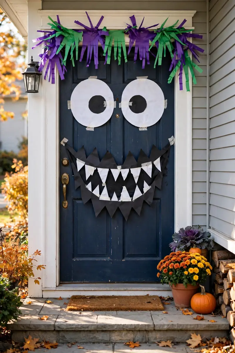 halloween door decor ideas - monster-face door: the boldest of these halloween door decor ideas