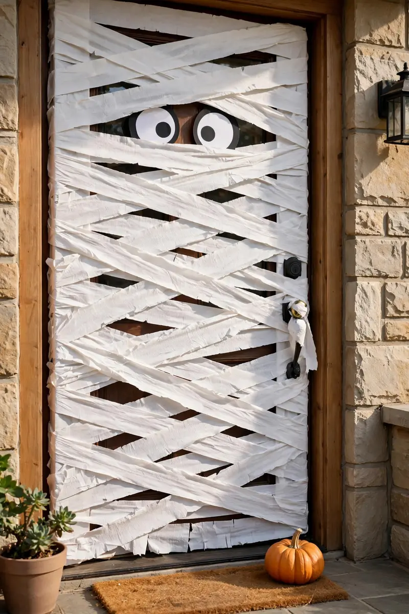 halloween door decor ideas - mummy-wrapped door