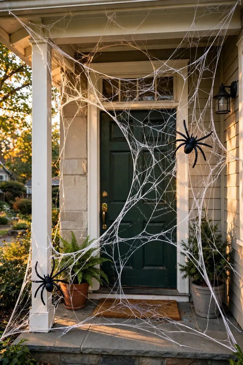 halloween door decor ideas - spooky stretched spider web door
