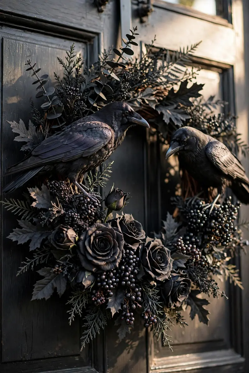 Matte Black Wreath with Faux Crows