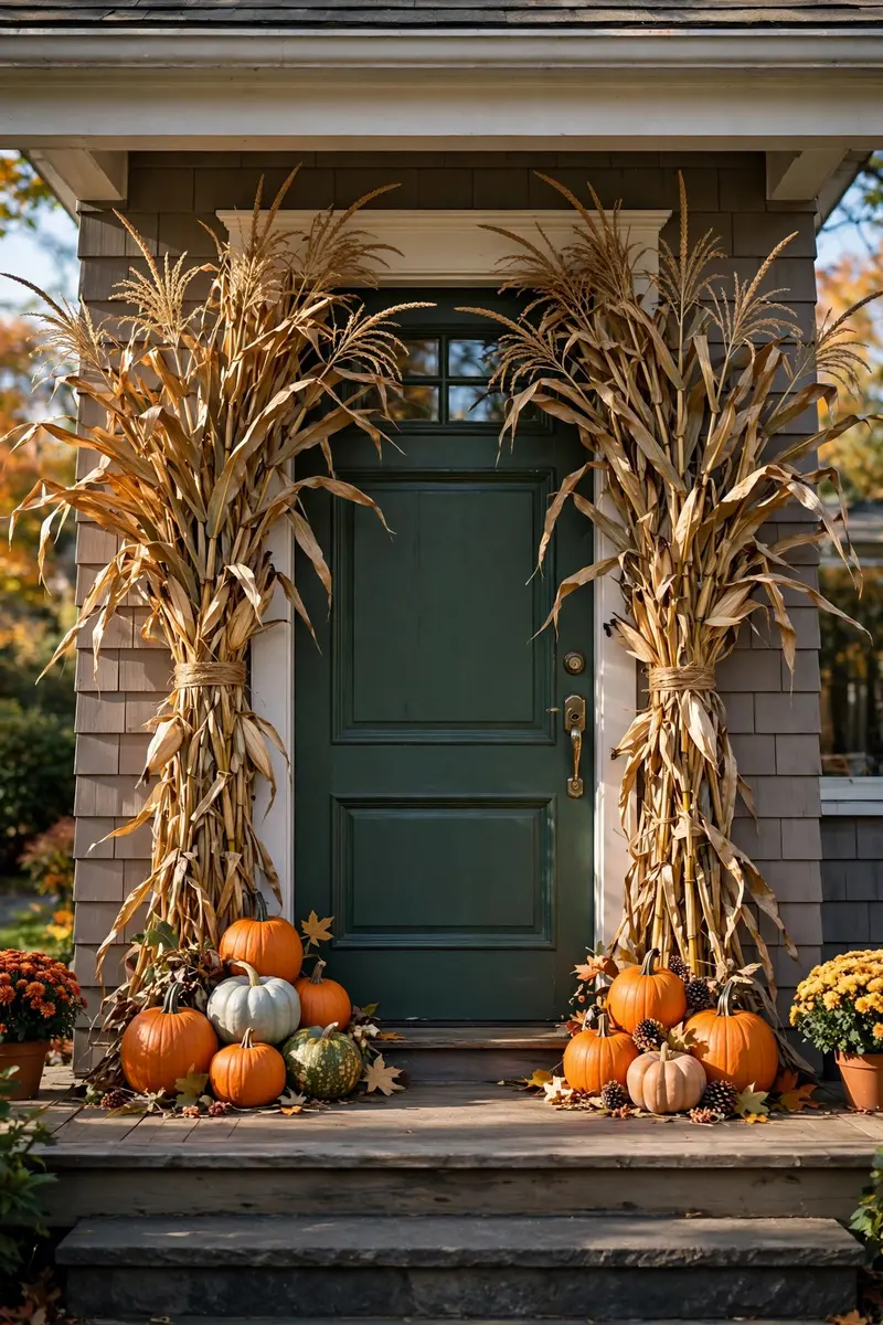 Cornstalks and Gourds Framing the Door