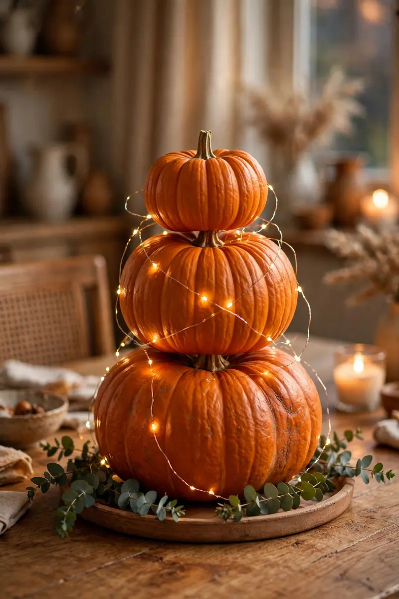 halloween table centerpiece ideas - stacked pumpkin tower with fairy lights