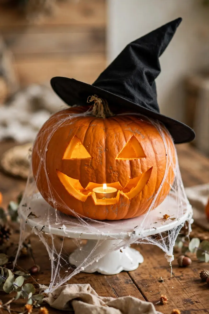halloween table centerpiece ideas - witch hat pumpkin on a cake stand