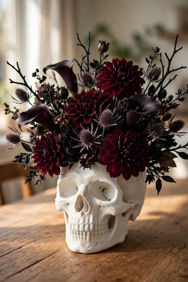halloween table centerpiece ideas - skull vase with dark moody florals