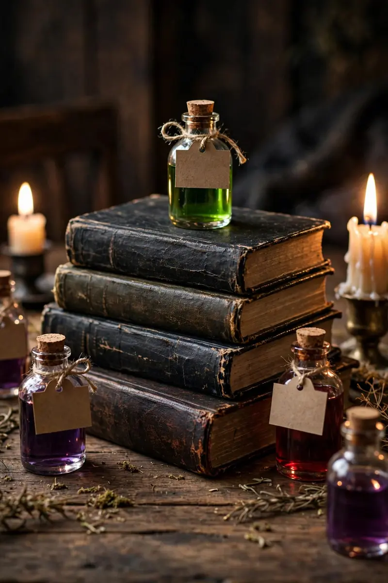 Spell Book Stack with Potion Bottles