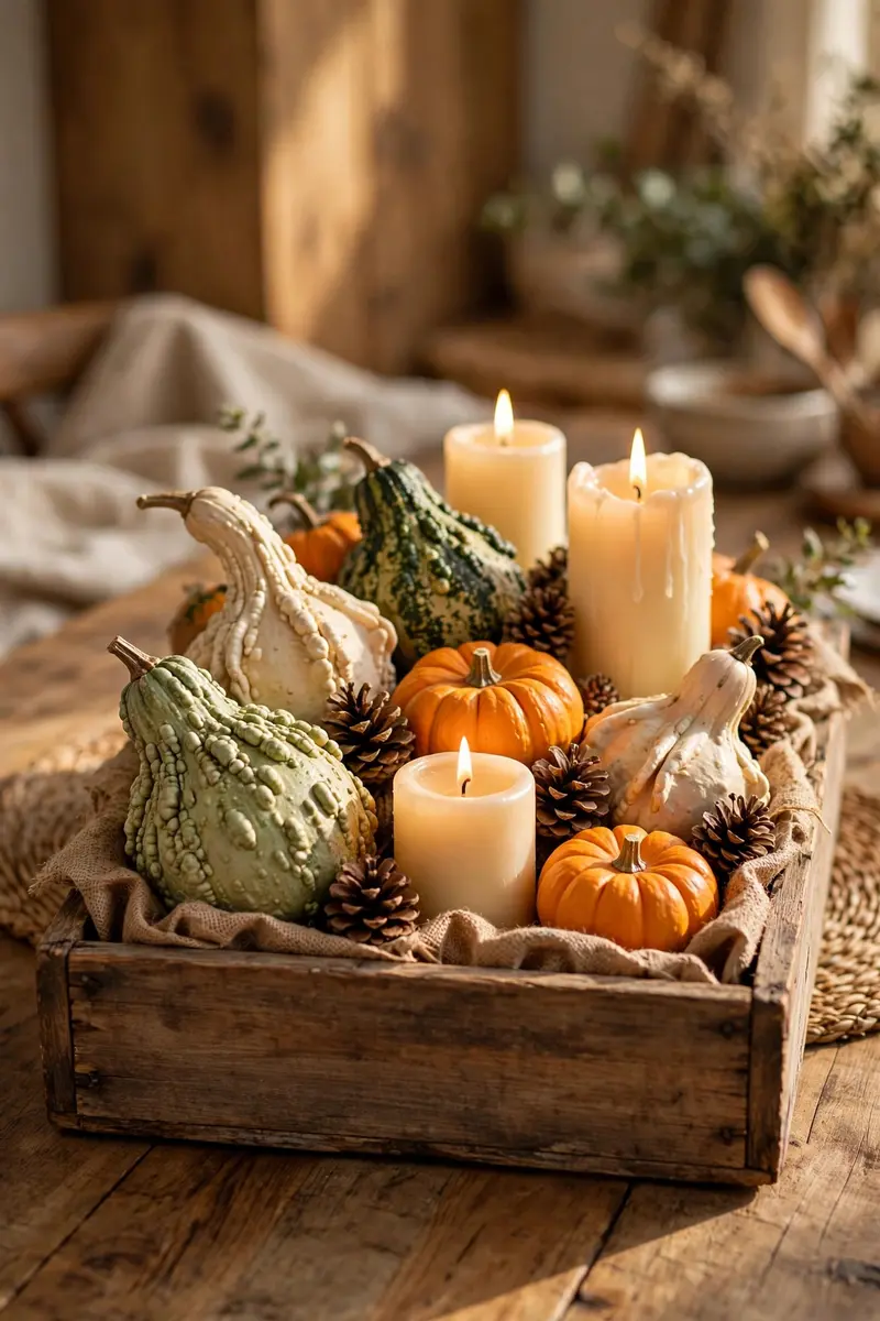 Rustic Wooden Box with Gourds and Candles