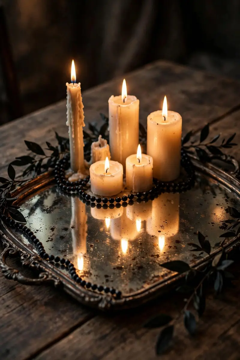 Antique Mirror Tray with Candlelight