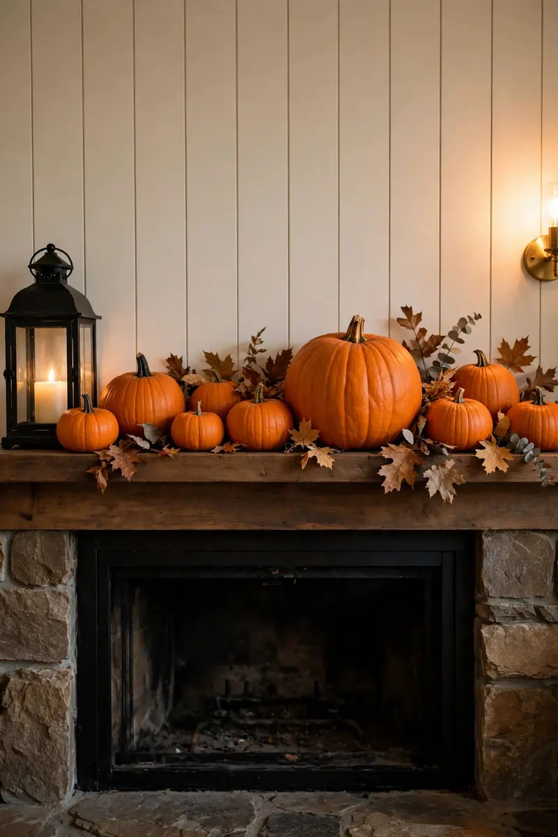 Halloween fireplace mantel decor ideas — classic orange pumpkin mantel with black lantern