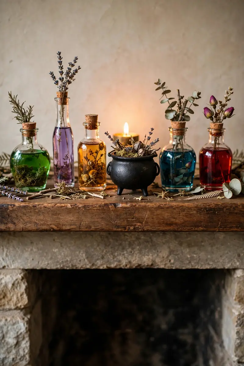 Halloween fireplace mantel decor ideas — witch apothecary potion bottles on dark wood mantel