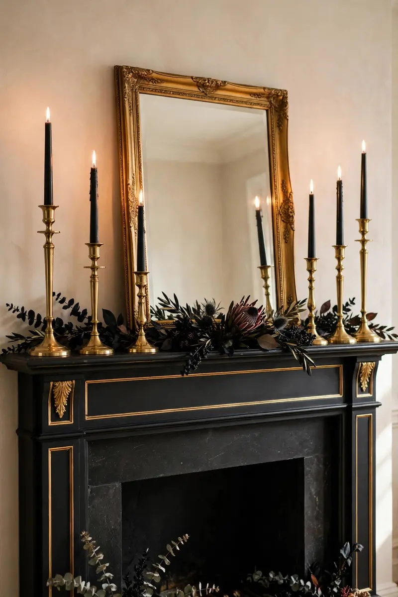 Gothic black and gold Halloween mantel with brass candlesticks and dark florals