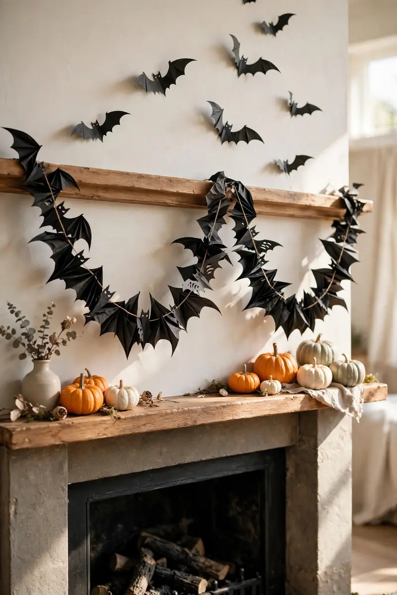 Paper bat garland swagged across a Halloween fireplace mantel