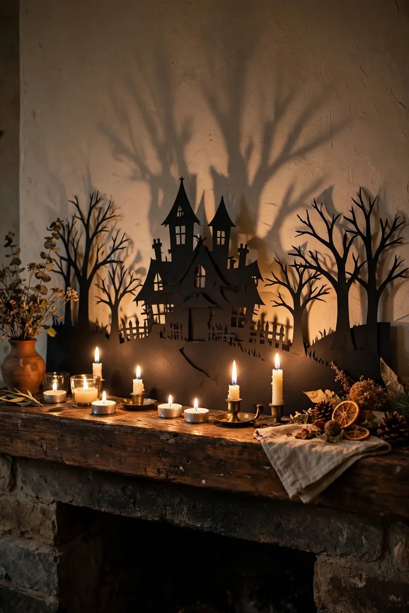 Backlit black paper silhouettes of haunted house and trees on a mantel