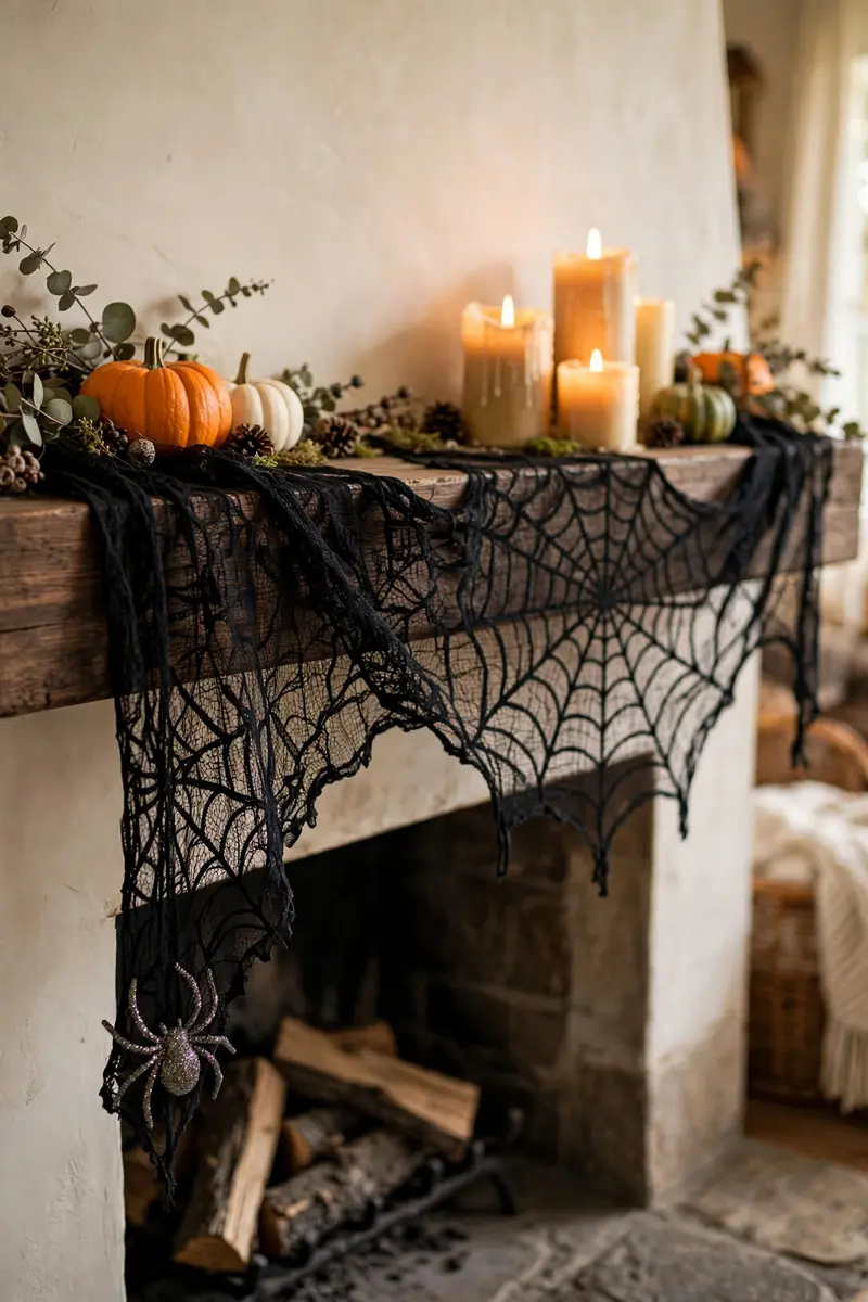 Black lace spiderweb mantel scarf draped over a mantel edge