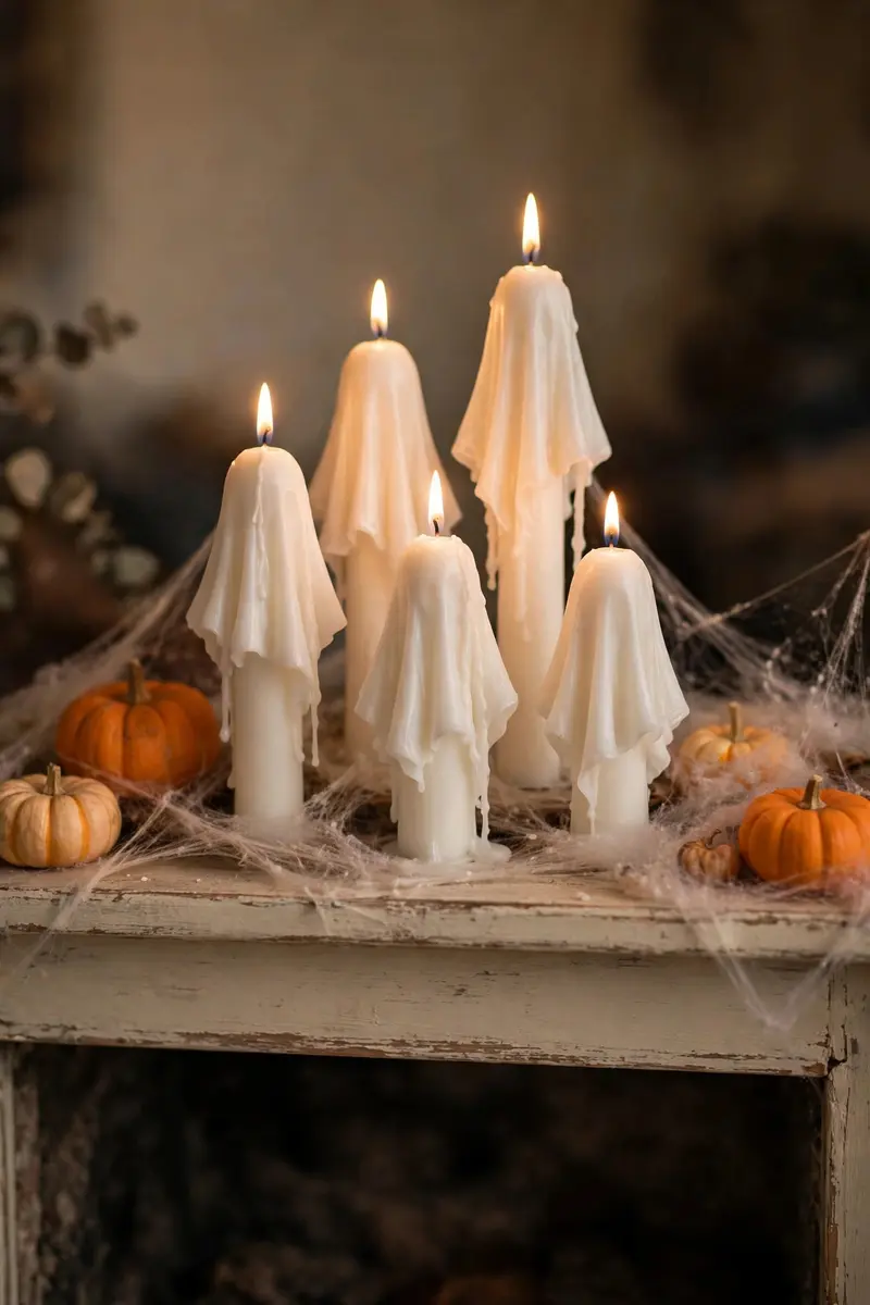 Cluster of white ghost taper candles on a Halloween mantel