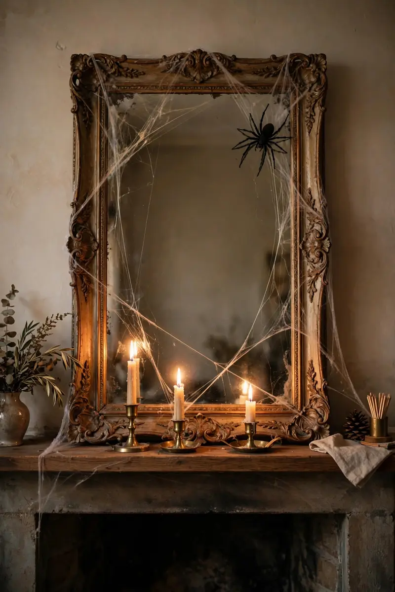 Vintage ornate mirror dressed with faux cobwebs above a Halloween mantel