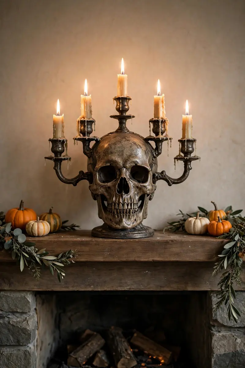 Skull candelabra with black taper candles as Halloween mantel centerpiece