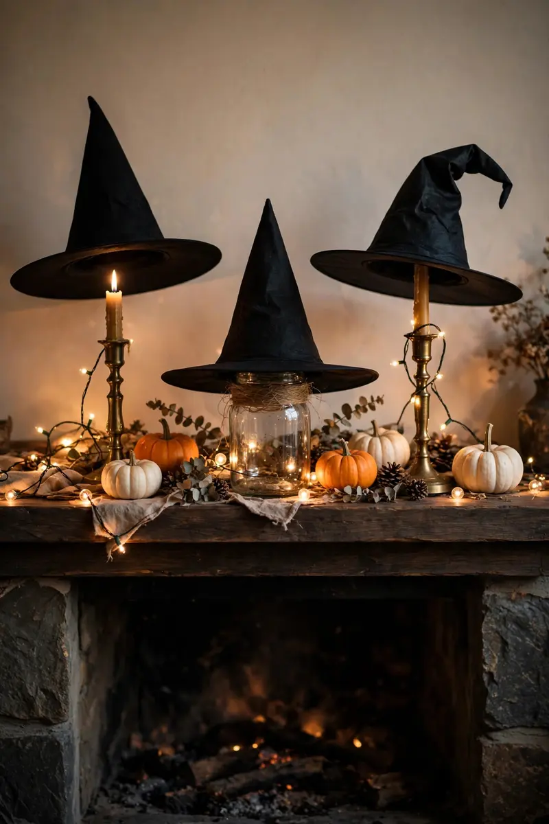 Three witch hats displayed on stands on a Halloween mantel