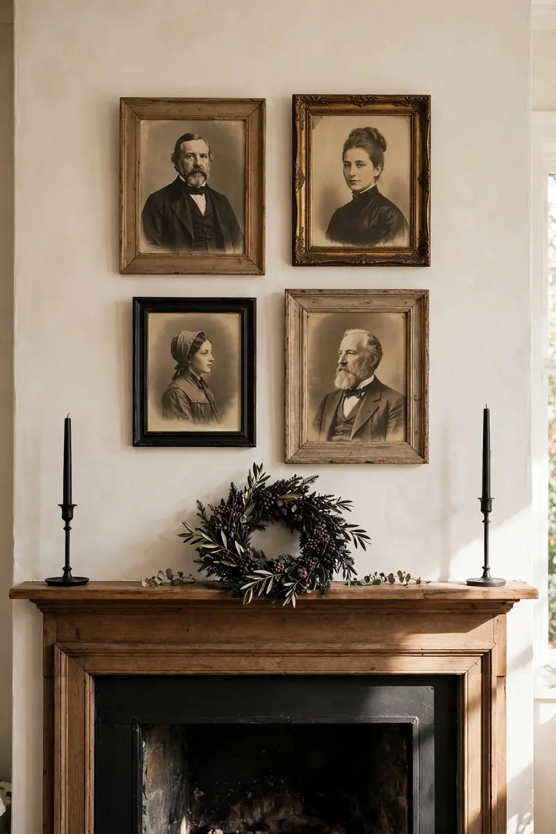 Gallery of vintage sepia portraits hung above a Halloween mantel