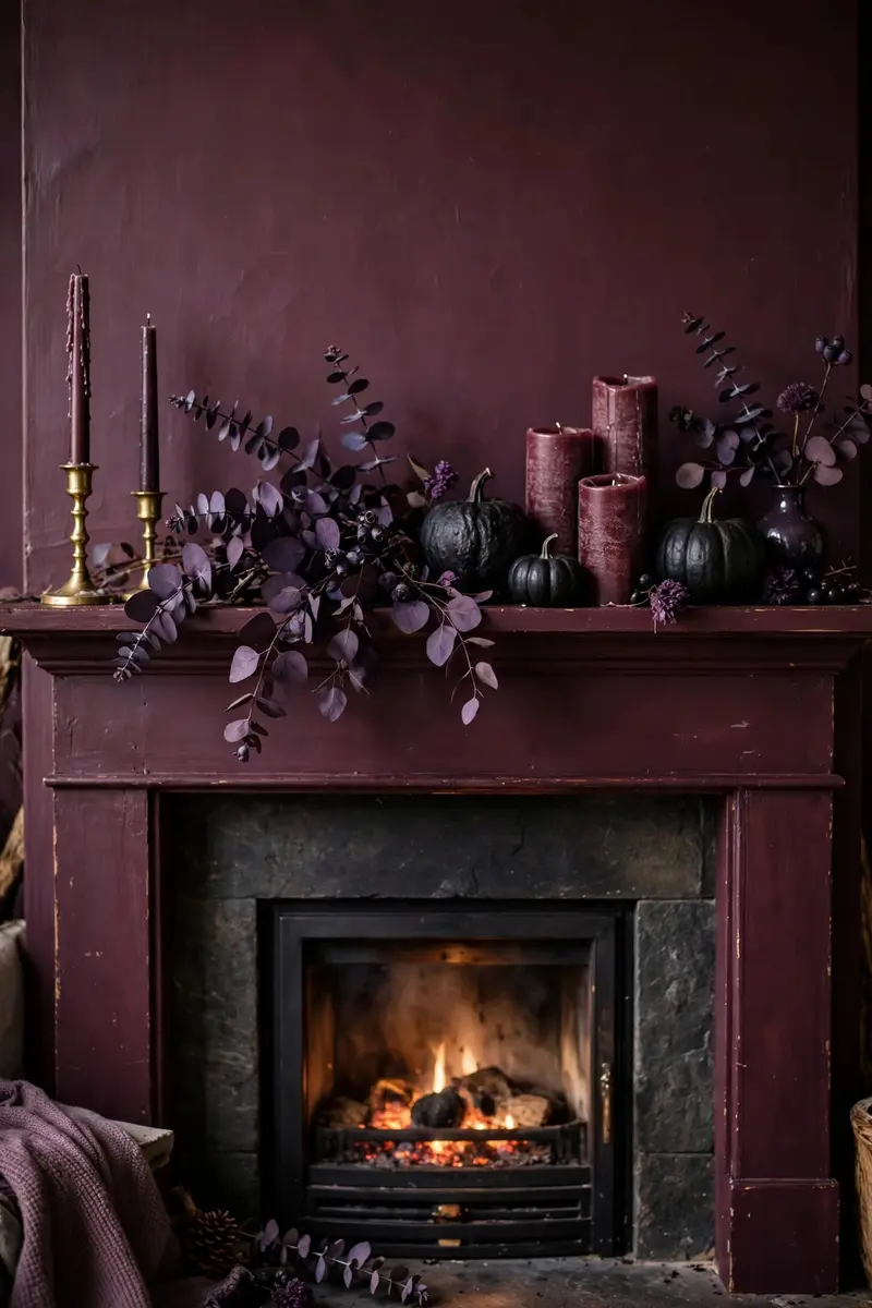 Moody aubergine and plum candle mantel for Halloween