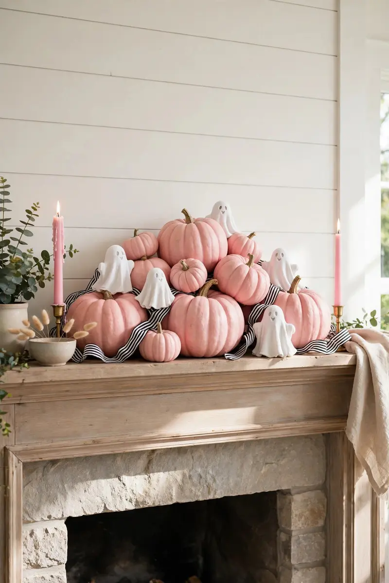 Pink Halloween mantel with pastel pumpkins and cute ghost figures