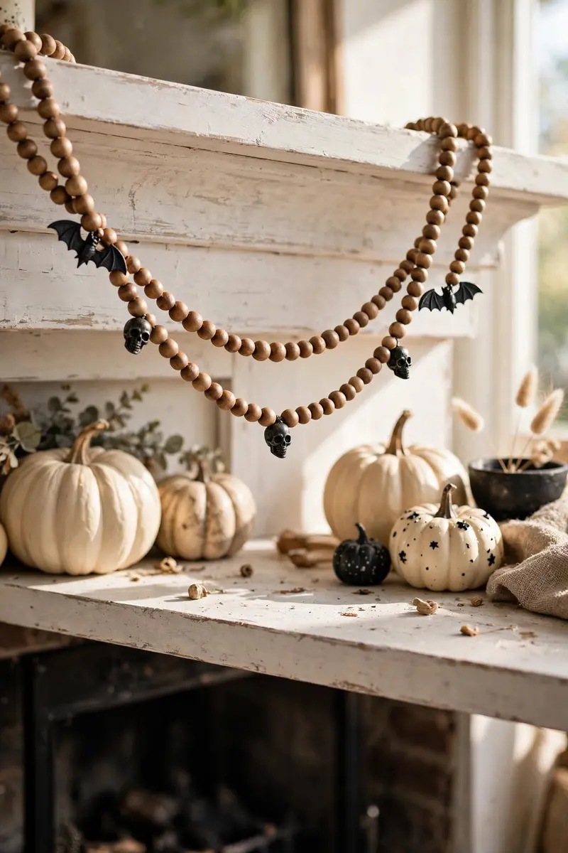 Wood bead garland with skulls draped on a farmhouse Halloween mantel
