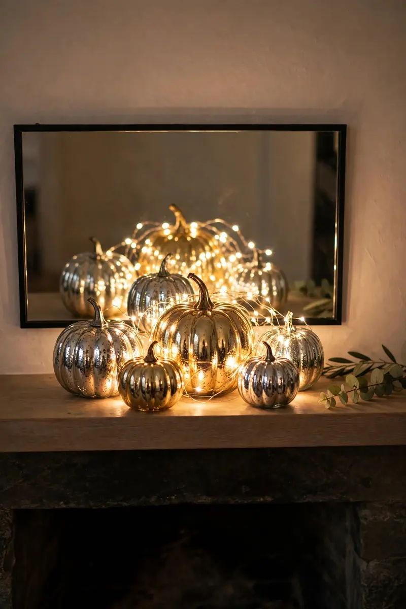 Glowing mercury glass pumpkins with fairy lights on a mantel