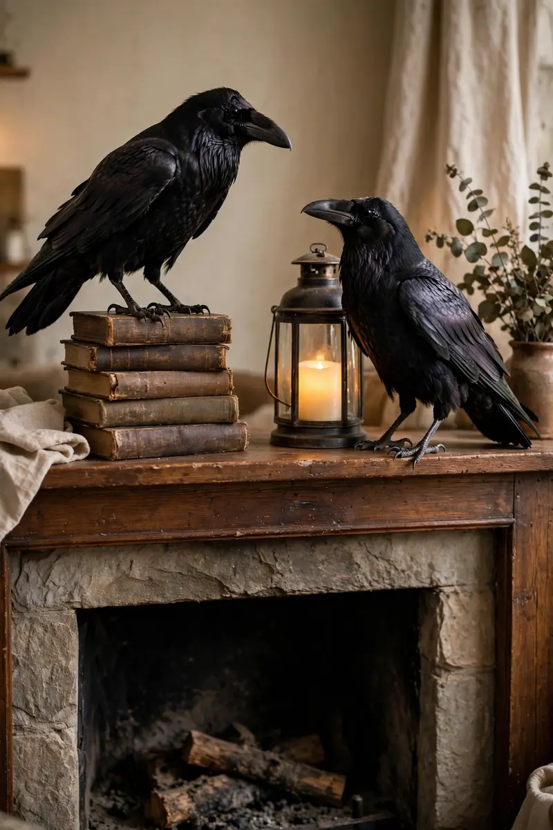 Black raven figures perched on books on a Halloween mantel