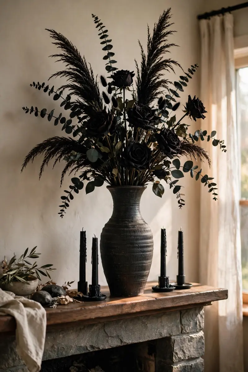 Tall vase of dried black roses and dark florals on a mantel