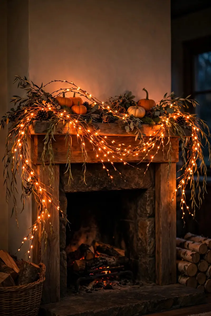 Orange LED willow vine garland glowing on a Halloween mantel