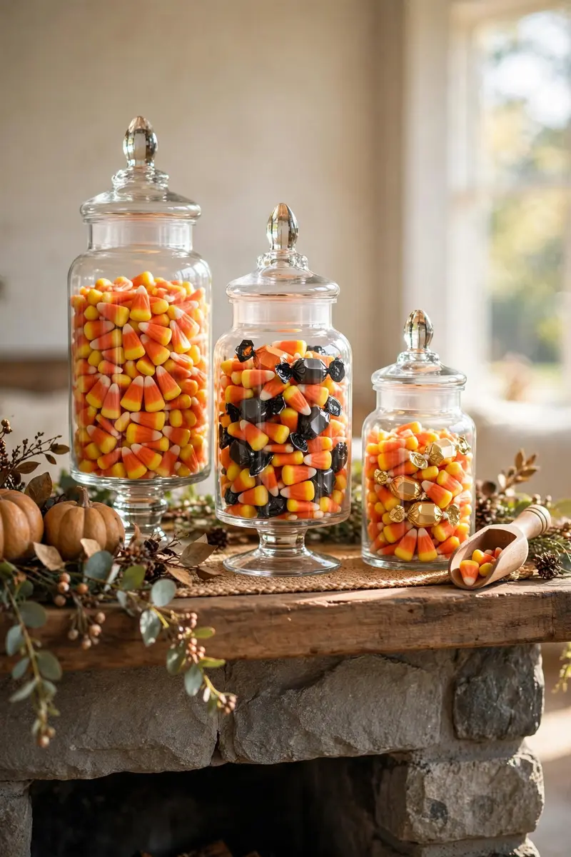 Glass apothecary jars filled with Halloween candy on a mantel