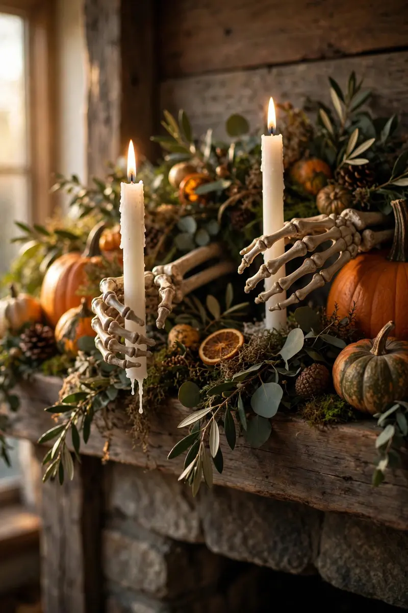 Skeleton hands holding taper candles on a Halloween mantel