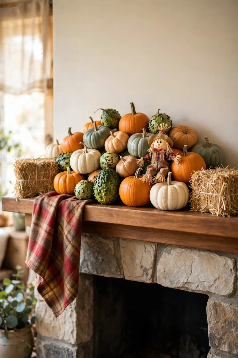 Mini hay bales, gourds and pumpkins on a harvest Halloween mantel