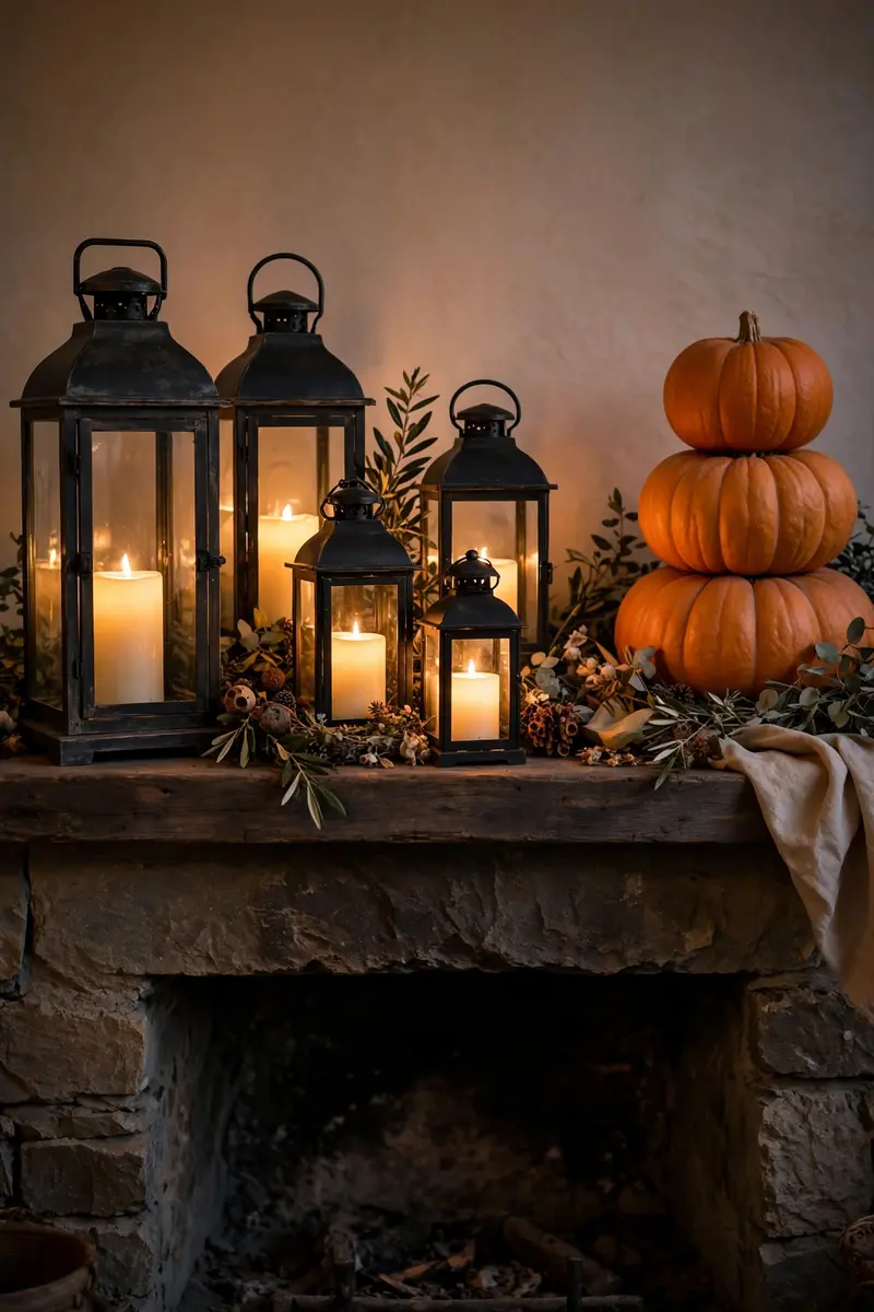 Cluster of black lanterns with flickering candles on a mantel