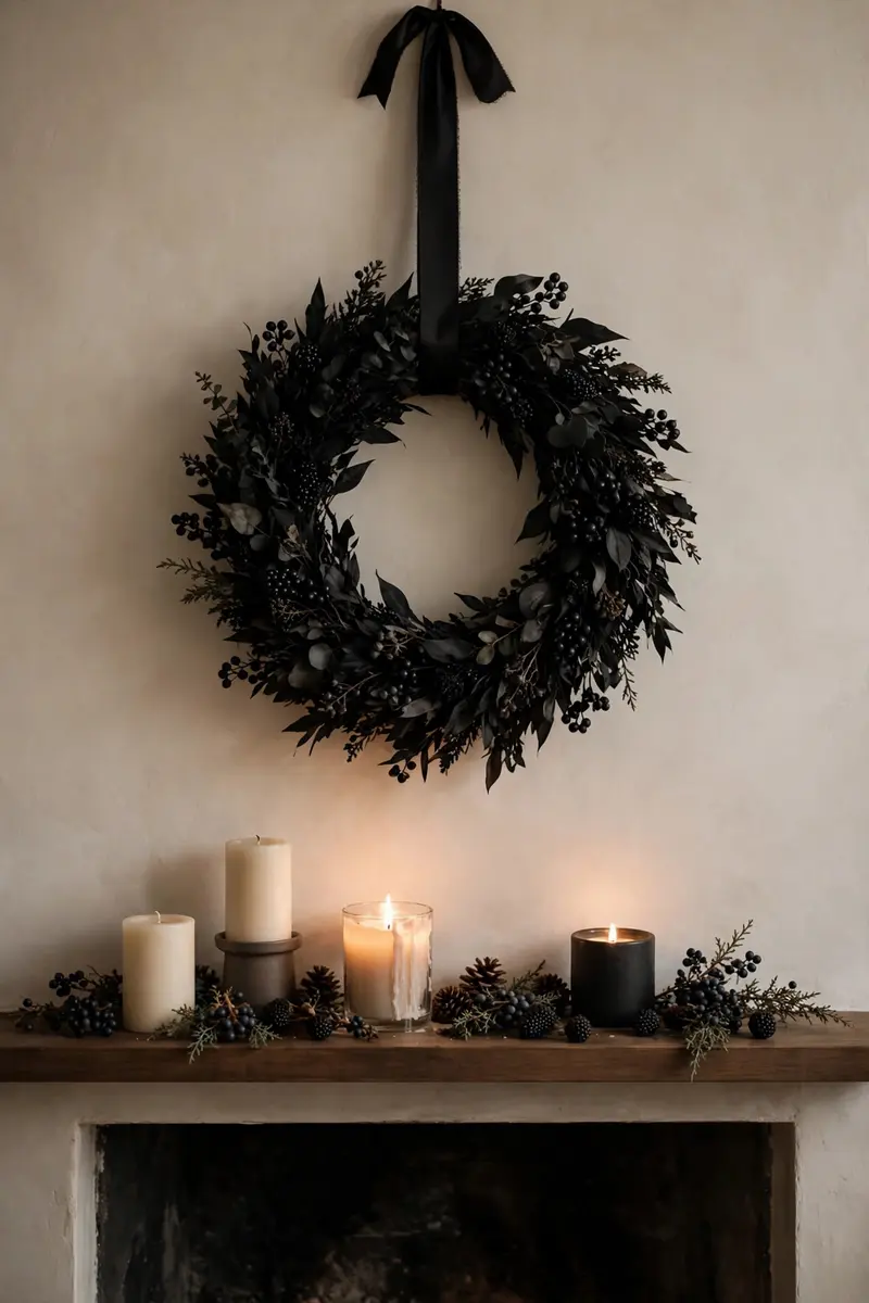 Black wreath hung above a styled Halloween mantel